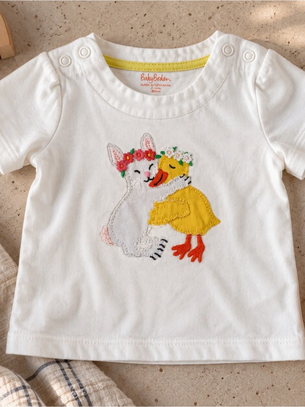 Boden White Short Sleeve Tee with Yellow Duck & Pink-Accented Bunny Embroidery